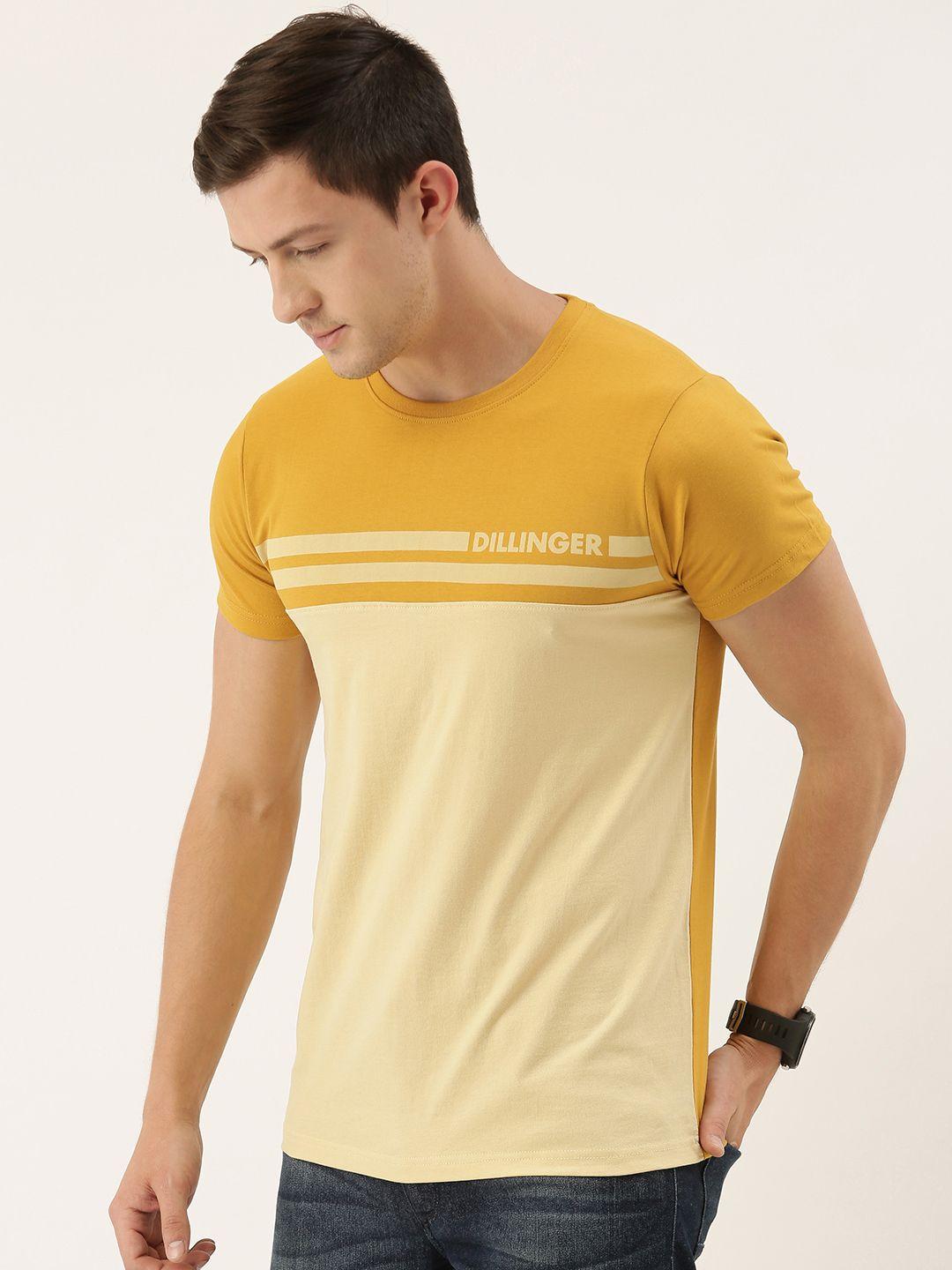 dillinger men mustard yellow  off-white colourblocked round neck pure cotton t-shirt