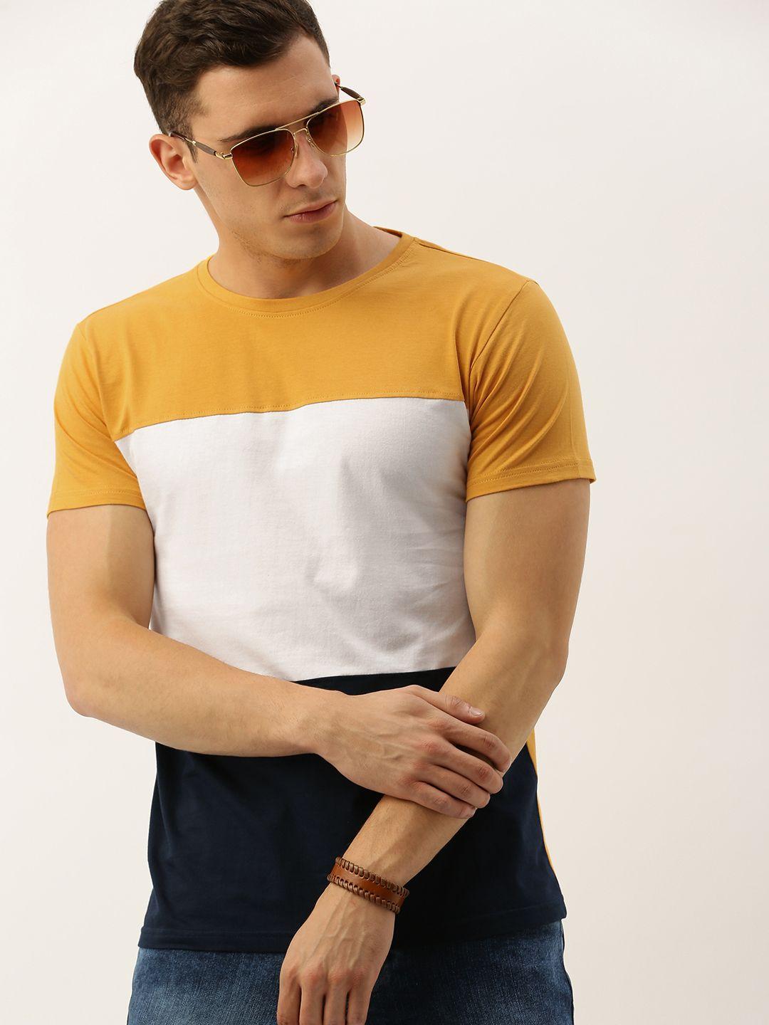 dillinger men mustard yellow  white colourblocked round neck pure cotton t-shirt