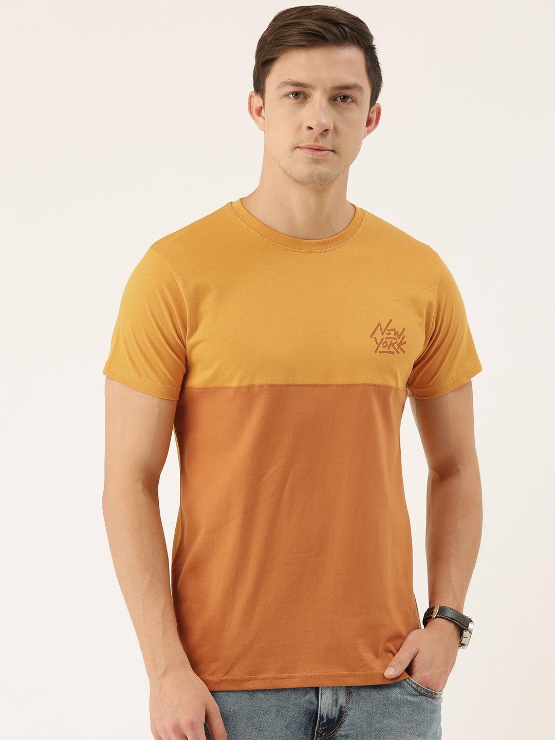 dillinger men mustard yellow colourblocked round neck pure cotton t-shirt