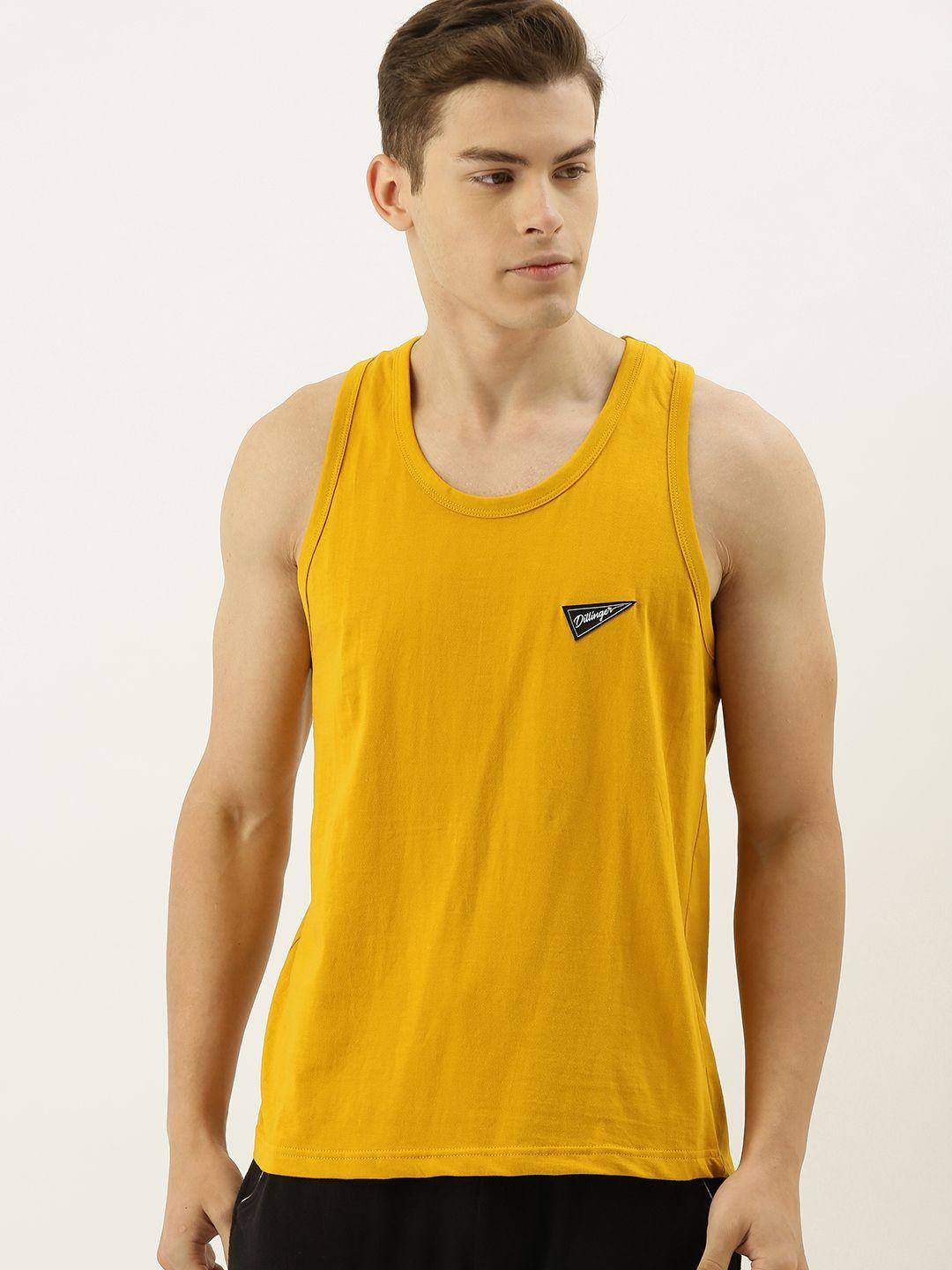 dillinger men mustard yellow solid round neck pure cotton t-shirt