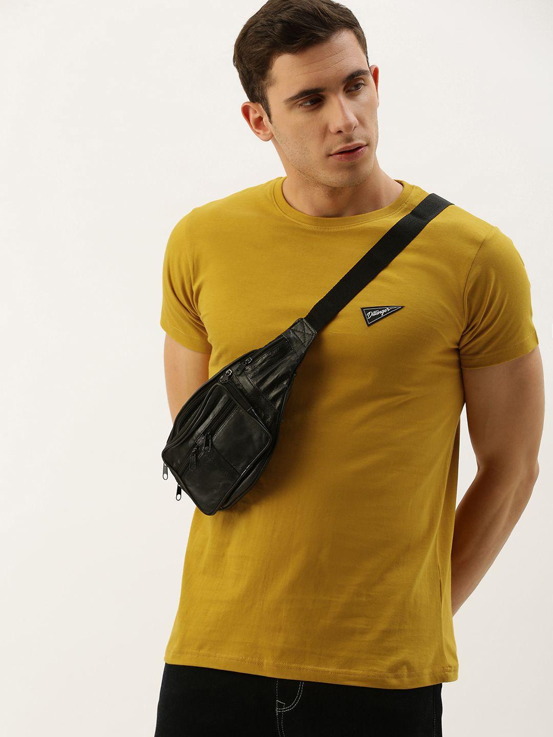 dillinger men mustard yellow solid round neck t-shirt