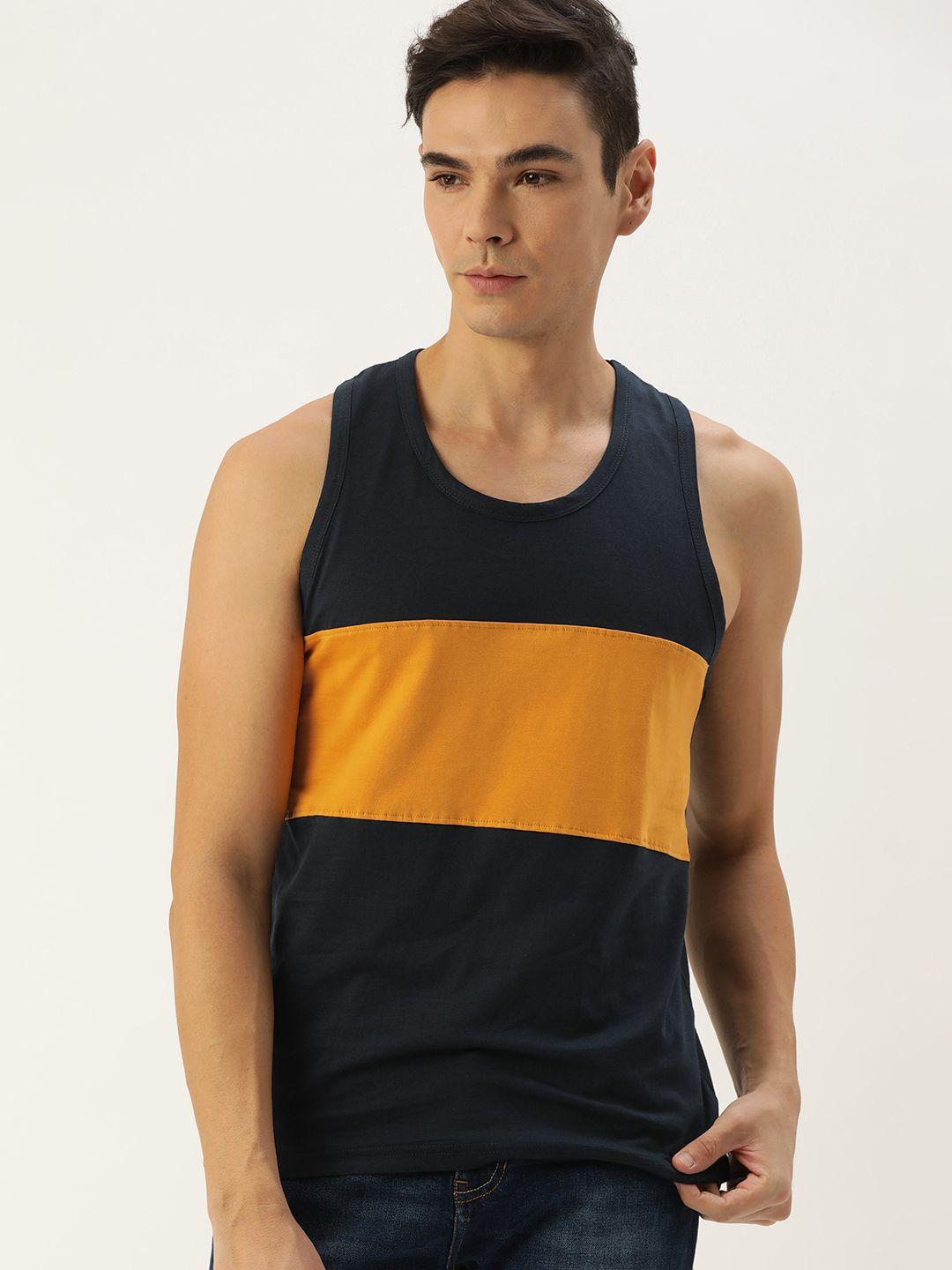 dillinger men navy blue & yellow colourblocked t-shirt