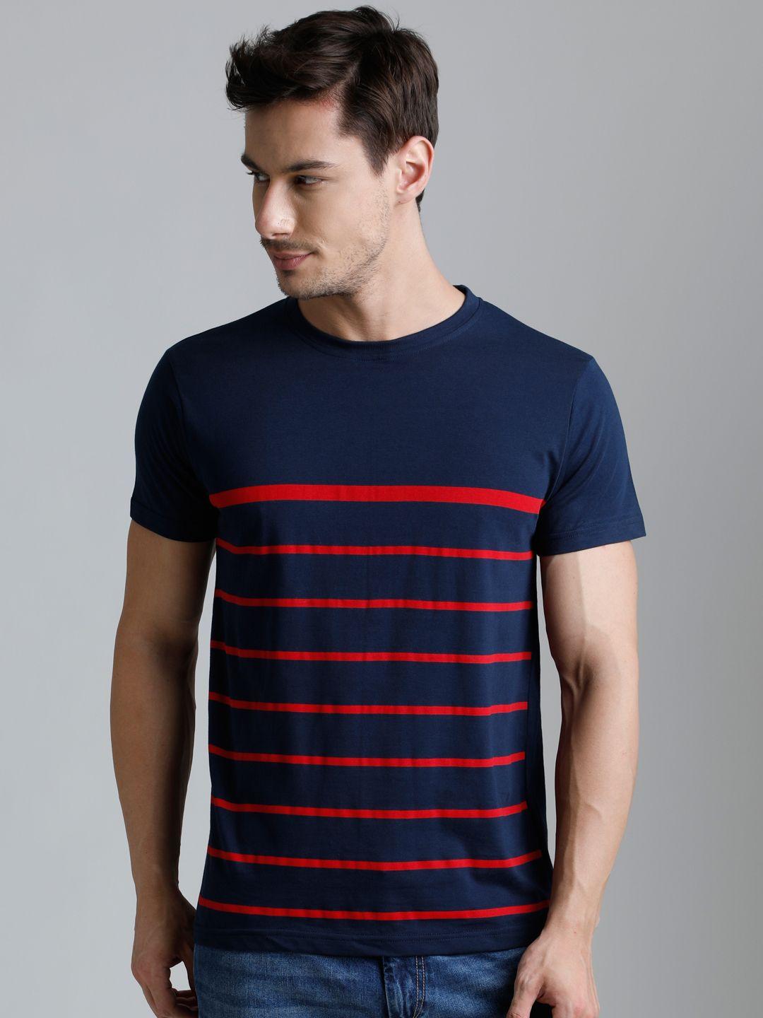 dillinger men navy blue  red striped round neck pure cotton t-shirt