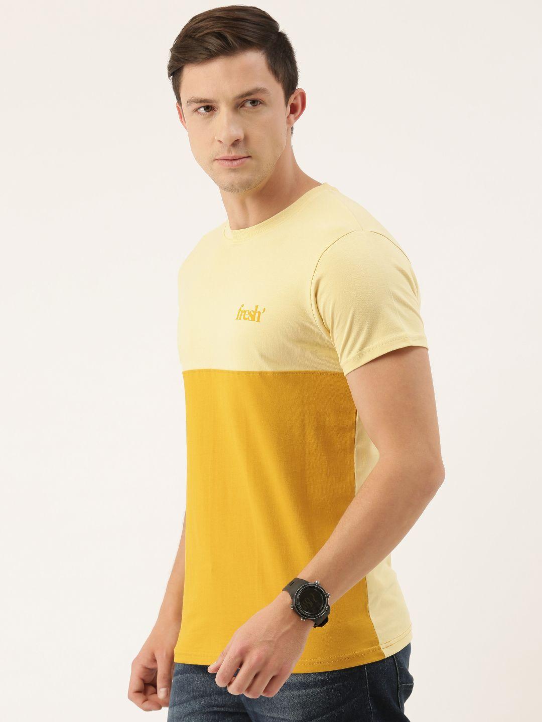 dillinger men off-white  mustard yellow colourblocked round neck pure cotton t-shirt