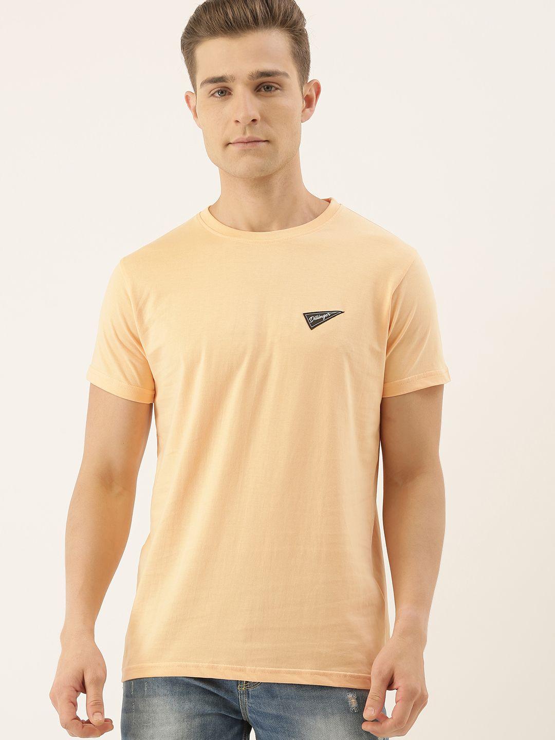 dillinger men peach-coloured solid round neck pure cotton t-shirt