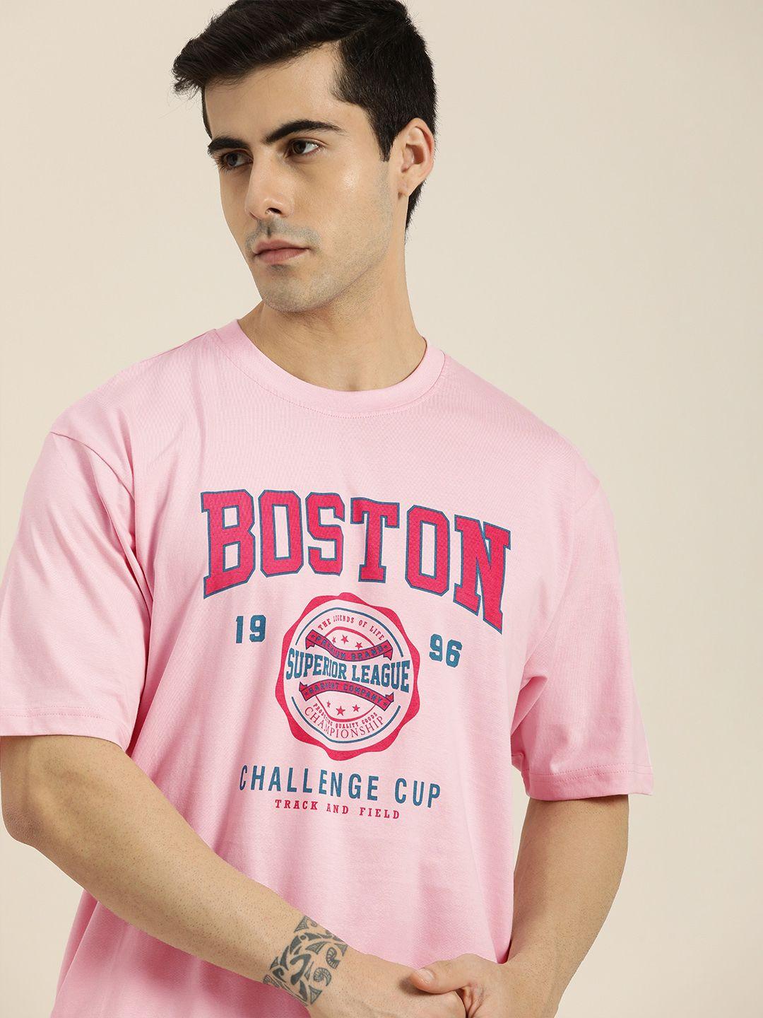 dillinger men pink & blue printed drop-shoulder sleeves pure cotton loose t-shirt