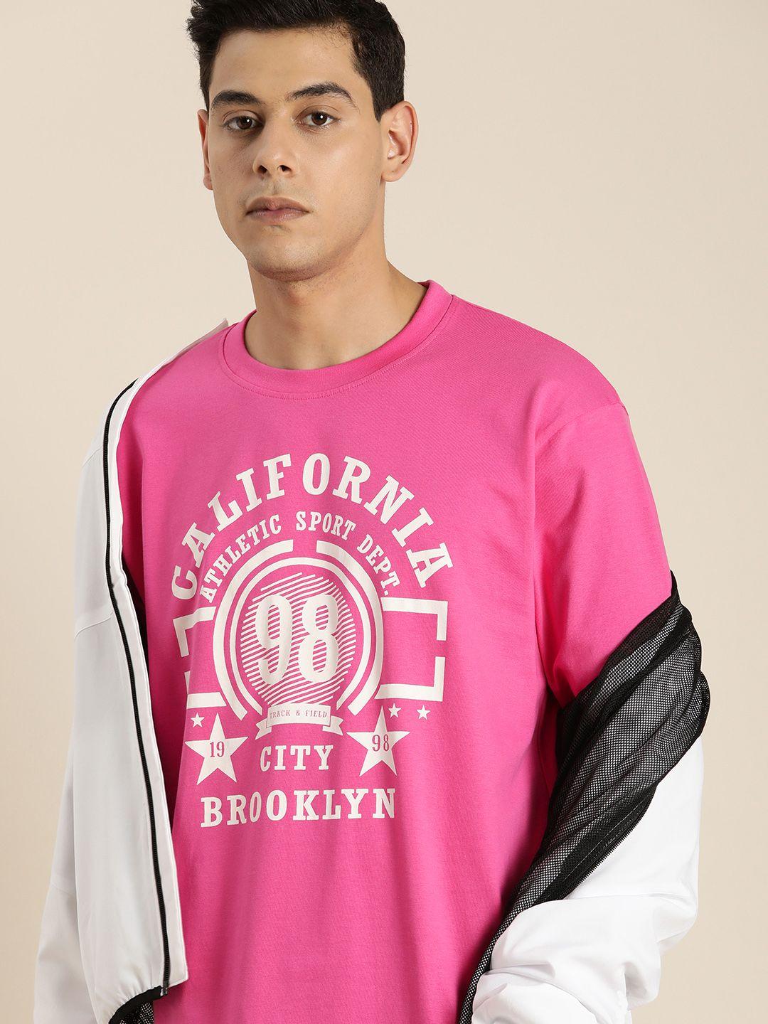 dillinger men pink & white printed drop-shoulder sleeves pure cotton loose t-shirt
