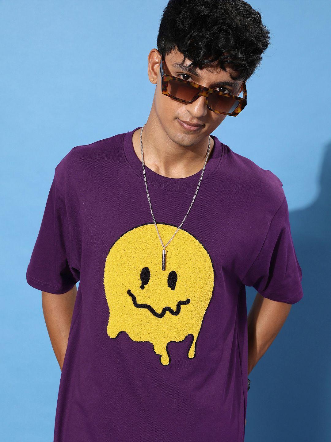 dillinger men purple & yellow embroidered oversize pure cotton longline t-shirt