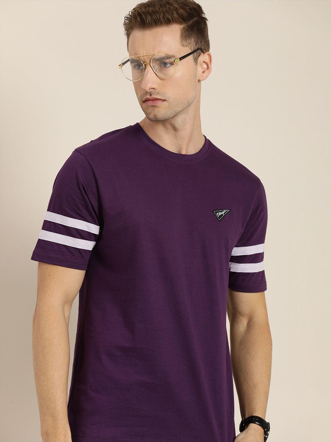 dillinger men purple solid pure cotton loose t-shirt with striped sleeves