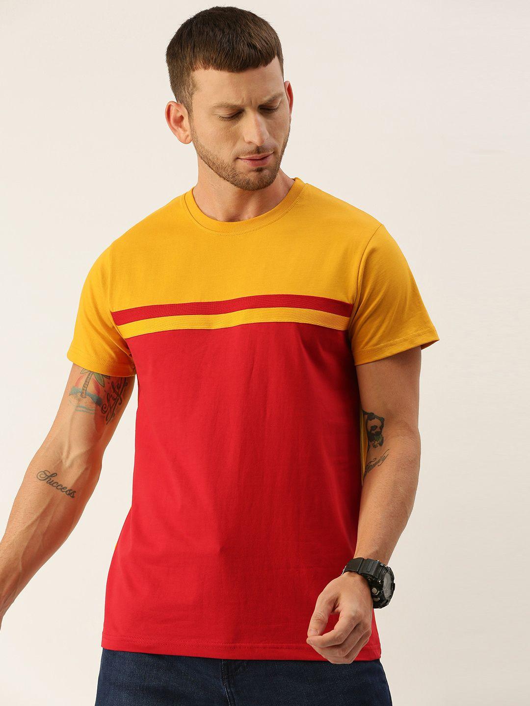 dillinger men red & yellow colourblocked pure cotton t-shirt