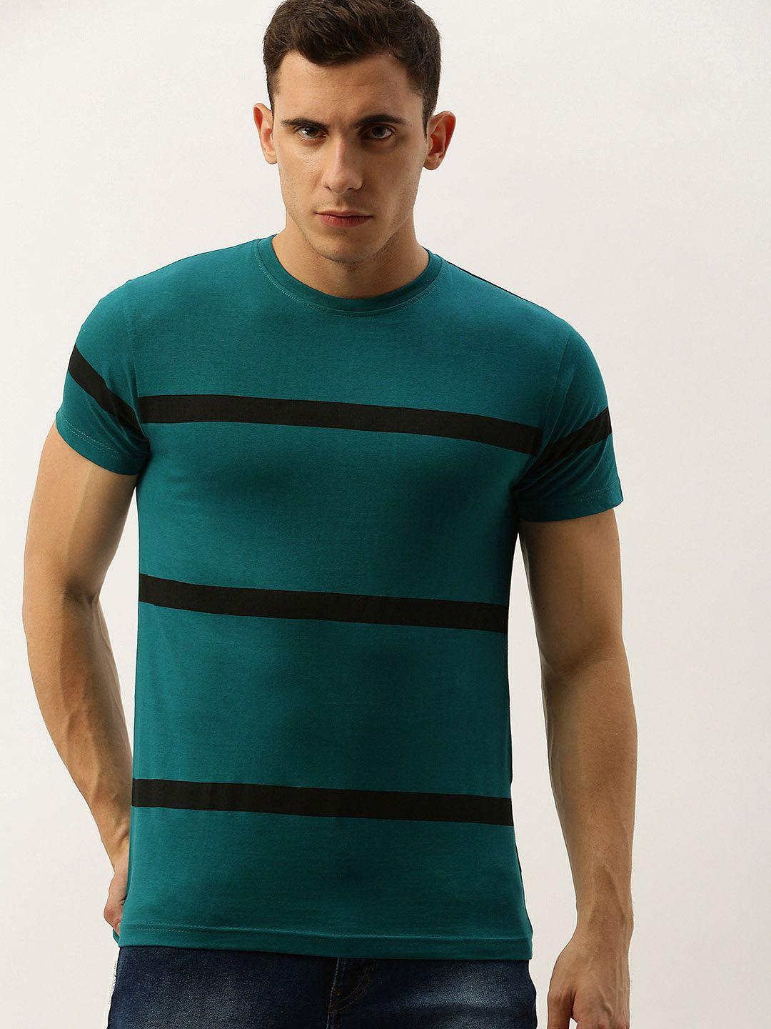 dillinger men teal green  black striped round neck pure cotton t-shirt