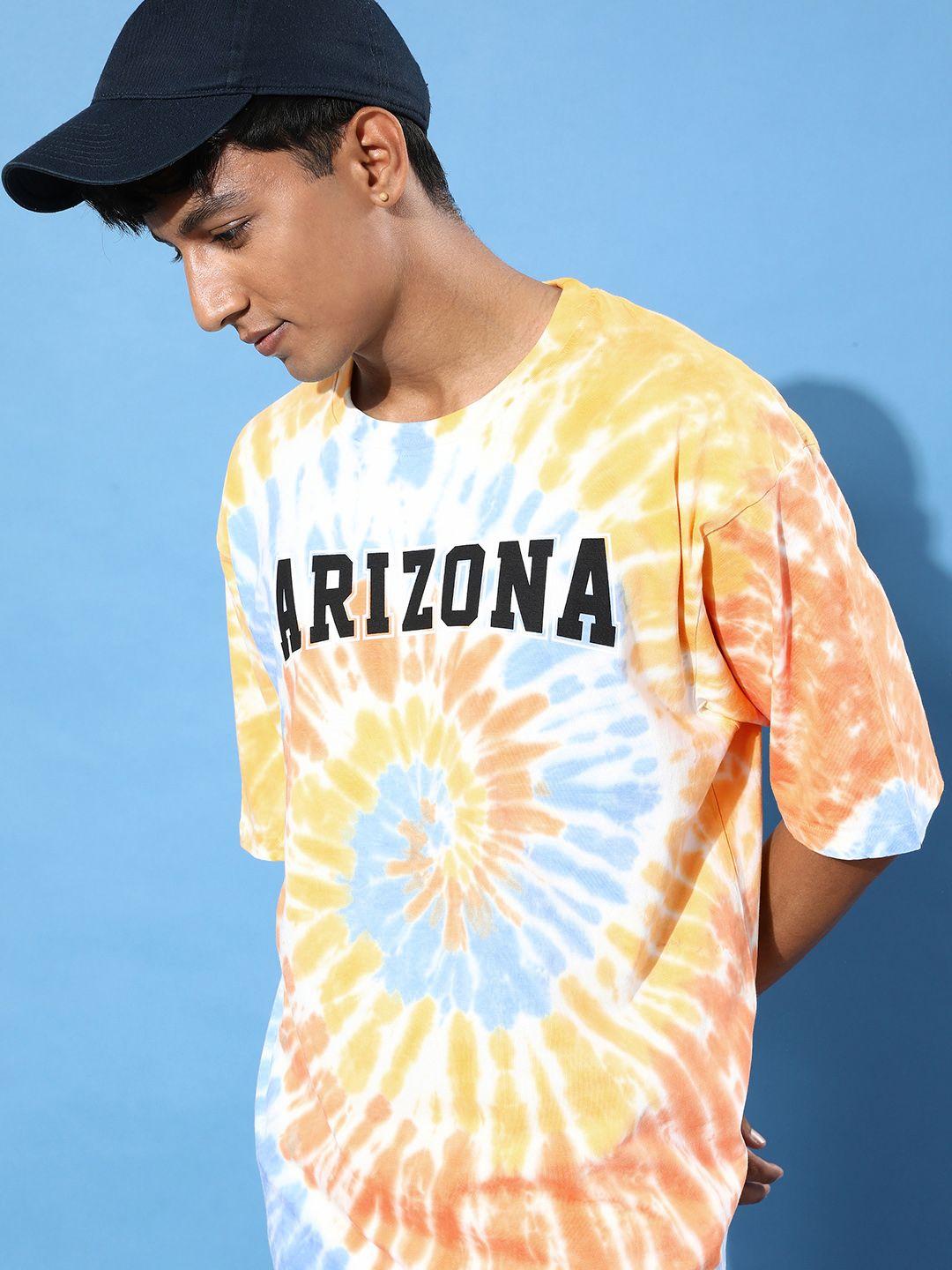 dillinger men yellow tie & dye loose pure cotton longline t-shirt