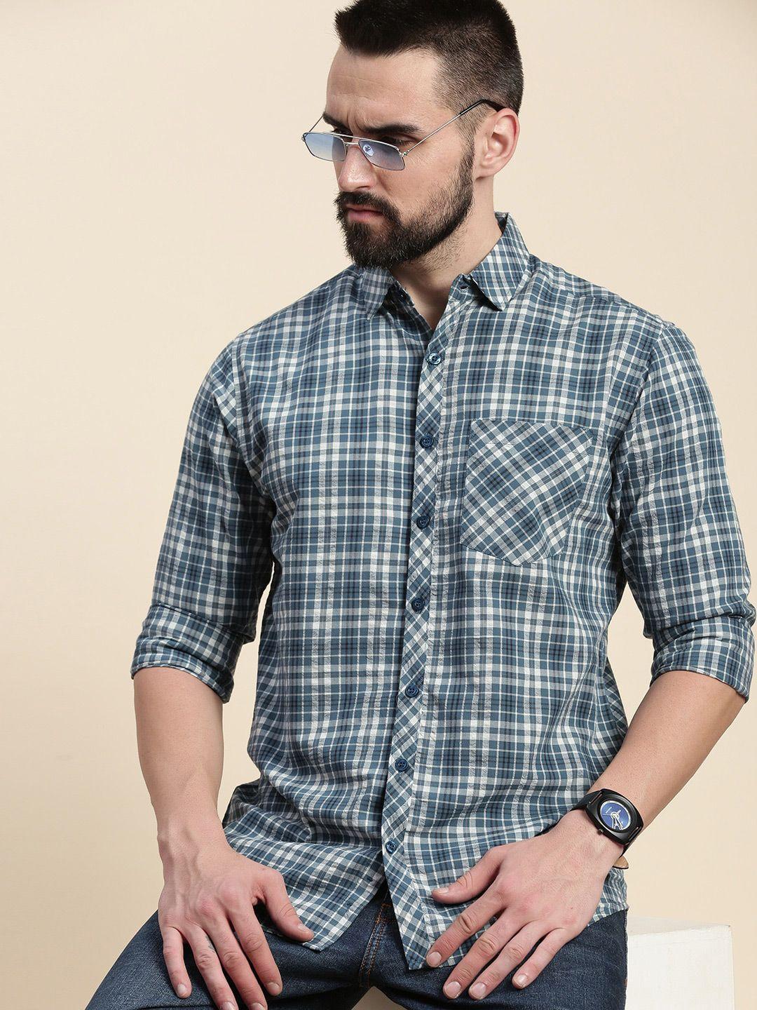 dillinger tartan checks spread collar long sleeves cotton casual shirt