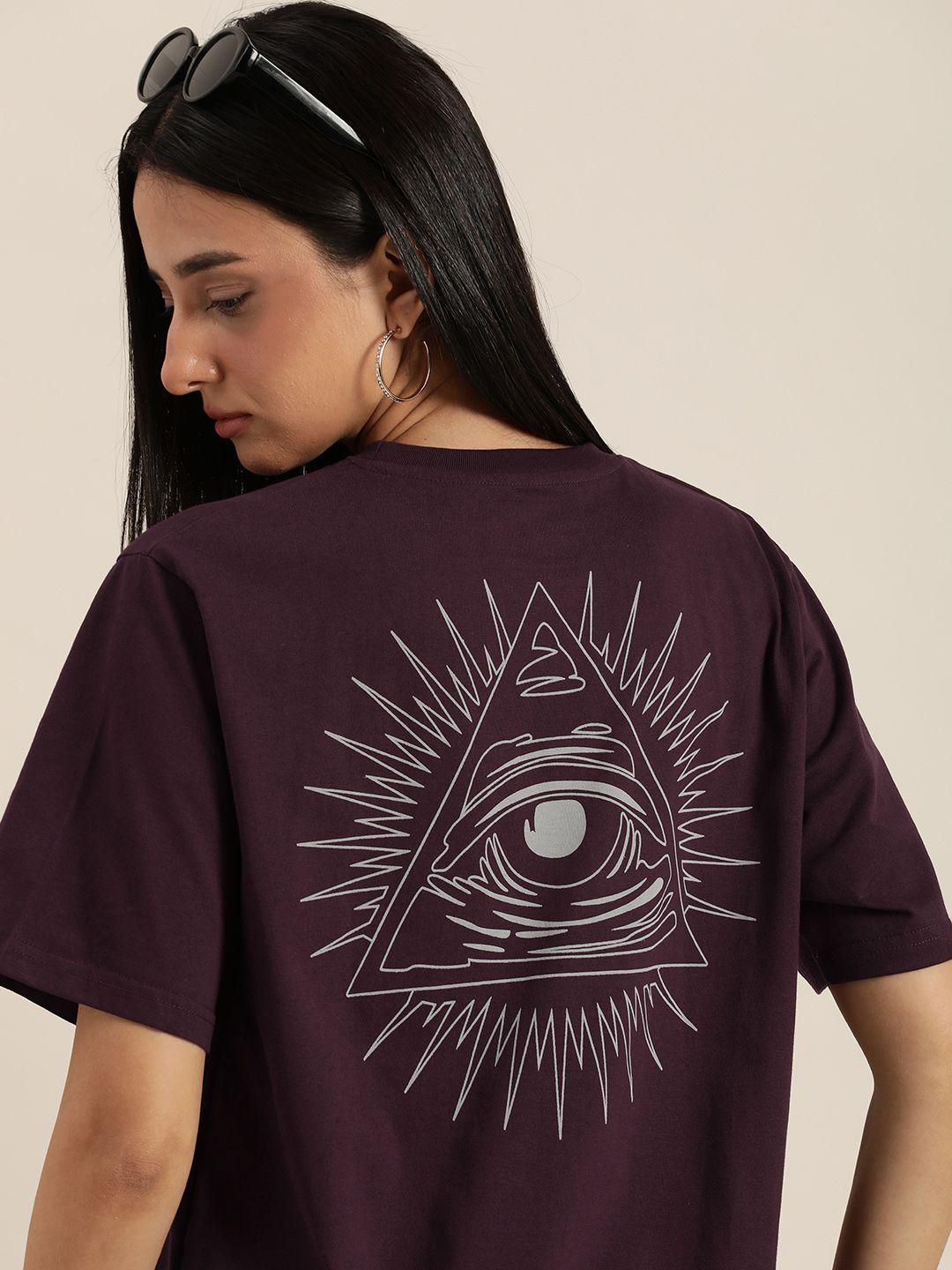 dillinger women aubergine & grey back graphic print cotton oversized longline t-shirt