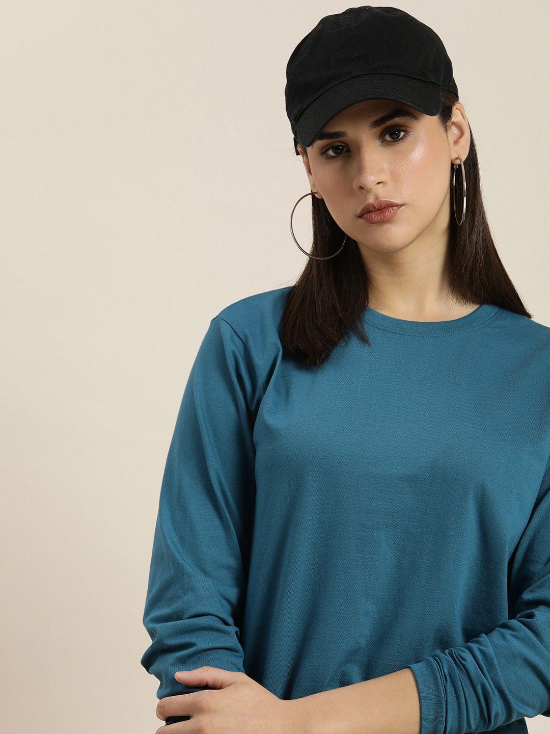 dillinger women blue solid cotton oversized t-shirt