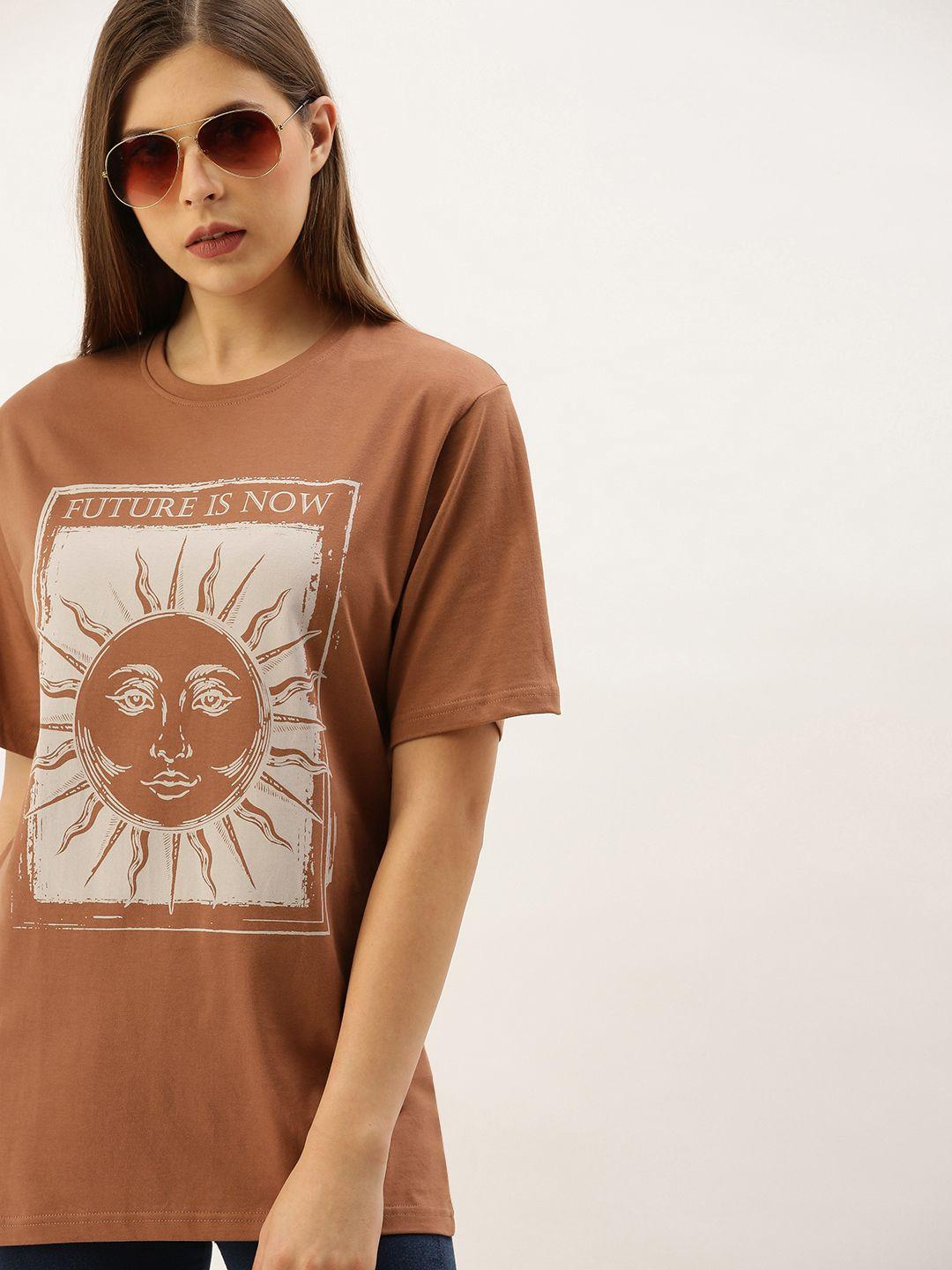 dillinger women brown printed  round neck longline oversized pure cotton t-shirt