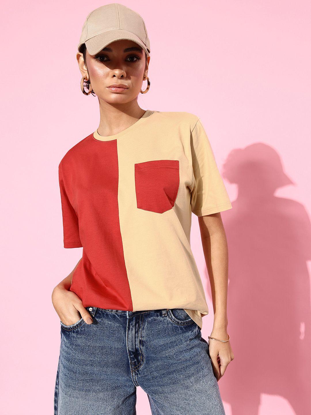 dillinger women colourblocked pure cotton pockets t-shirt
