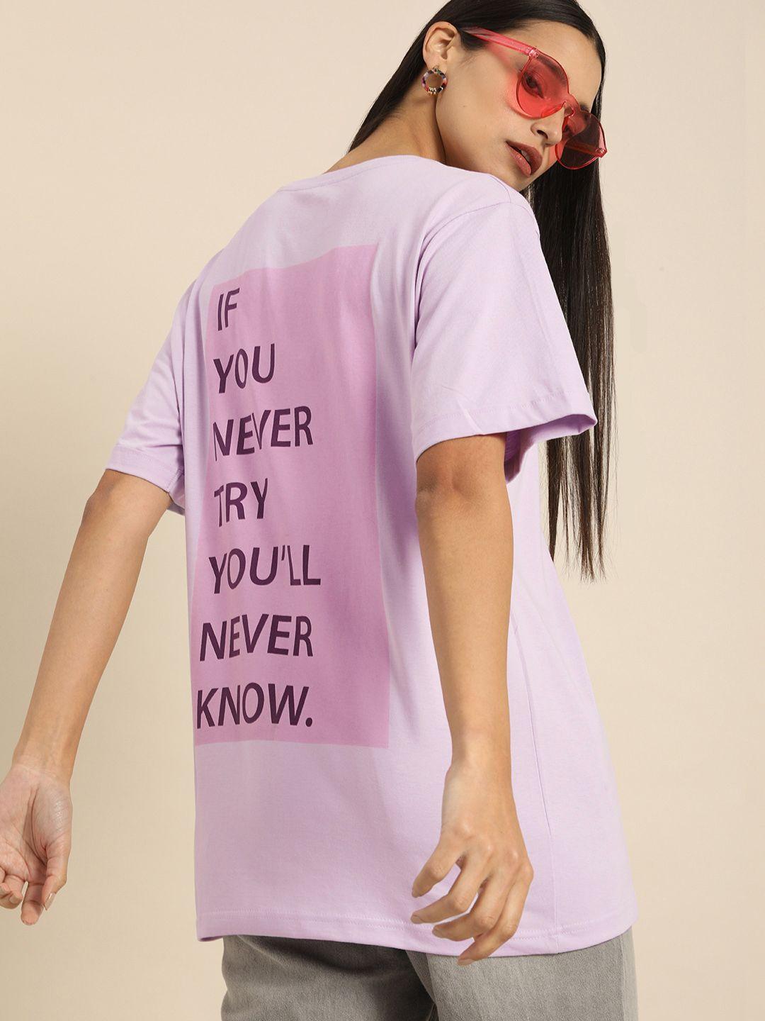 dillinger women lavender back printed round neck  longline oversized pure cotton t-shirt
