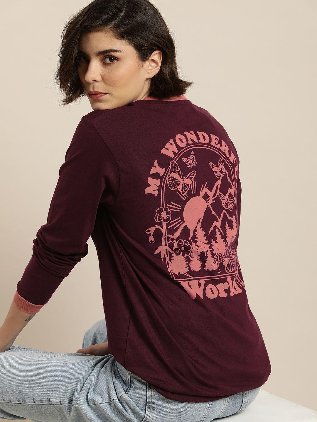 dillinger women maroon & peach-coloured typography printed pure cotton loose t-shirt