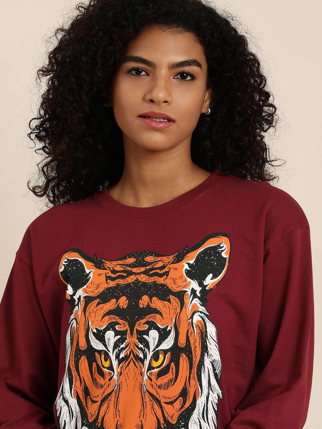 dillinger women maroon graphic oversized sweatshirt