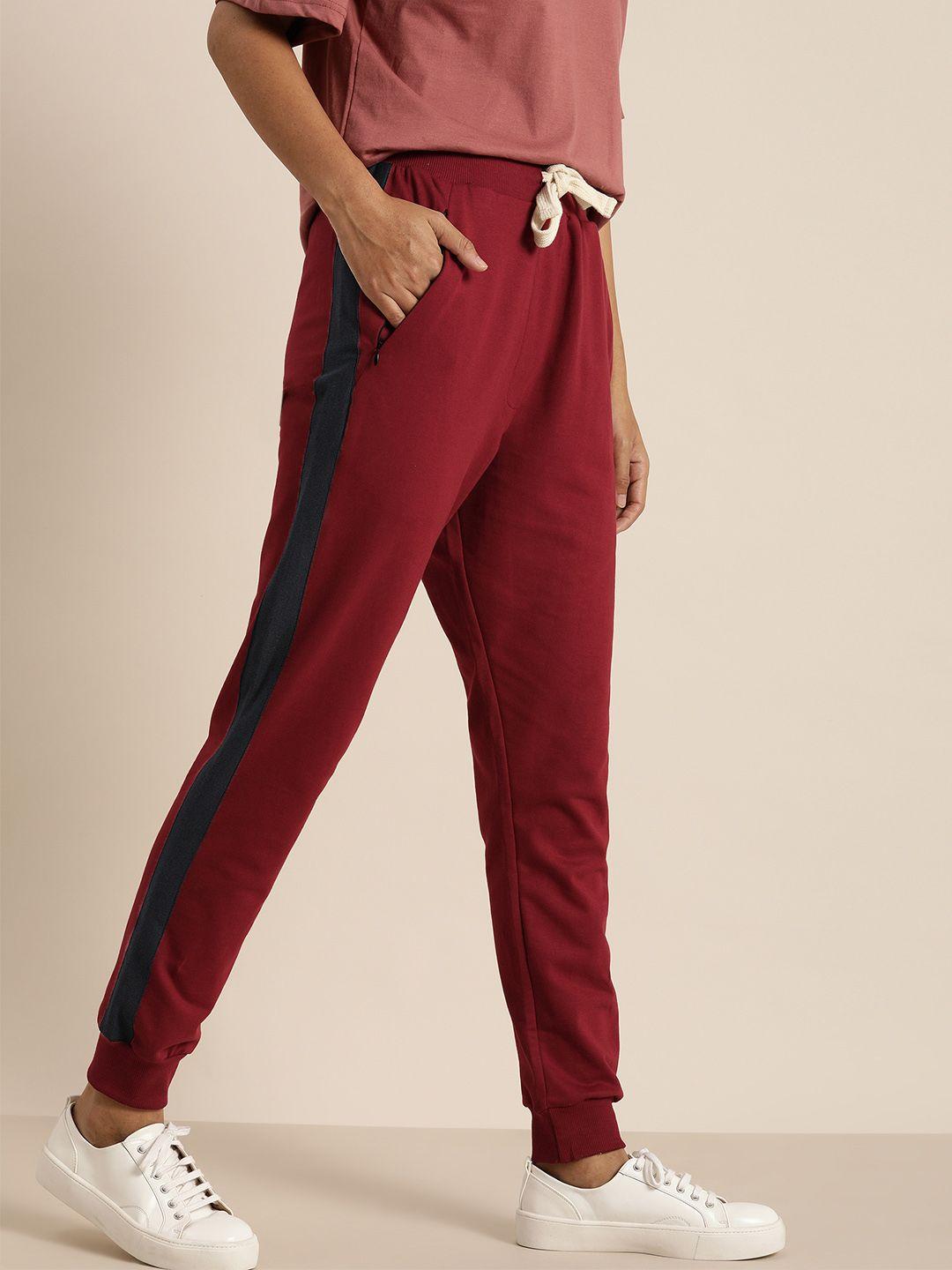 dillinger women maroon slim fit solid joggers with side stripes