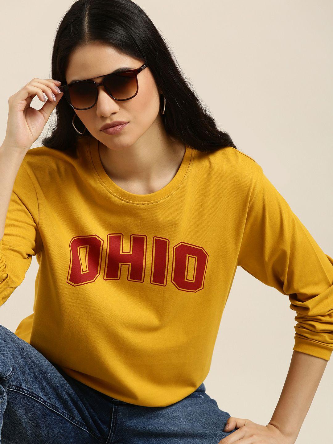 dillinger women mustard yellow & red pure cotton printed oversized  t-shirt