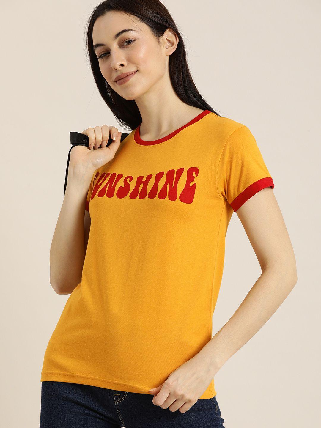 dillinger women mustard yellow printed round neck regular fit t-shirt
