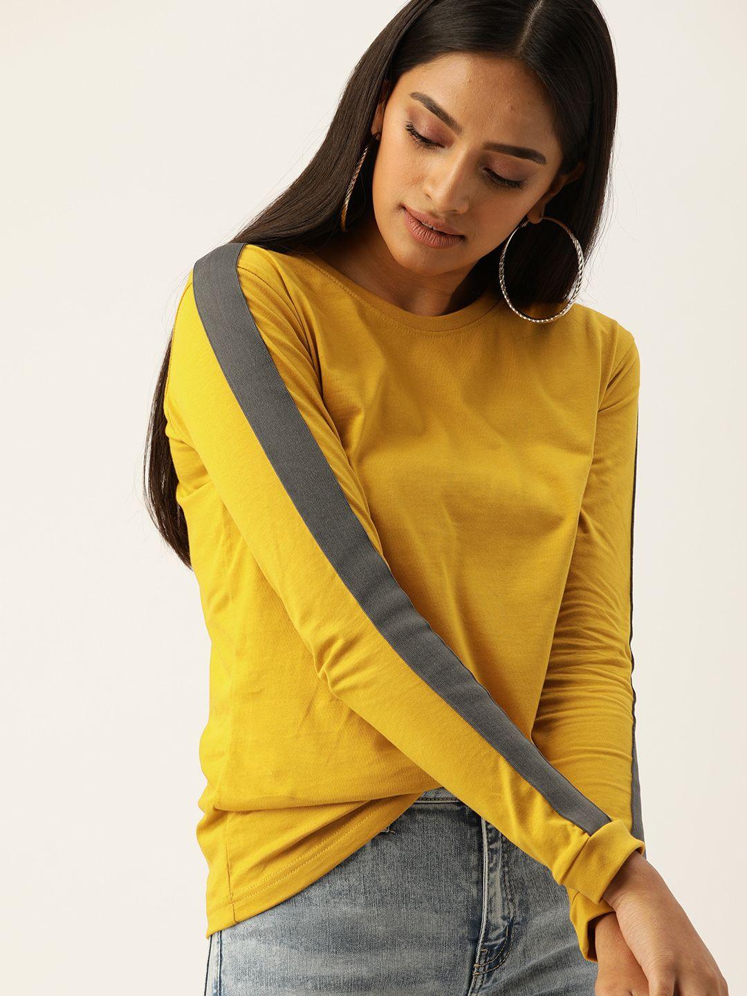 dillinger women mustard yellow solid round neck pure cotton t-shirt with side taping detail