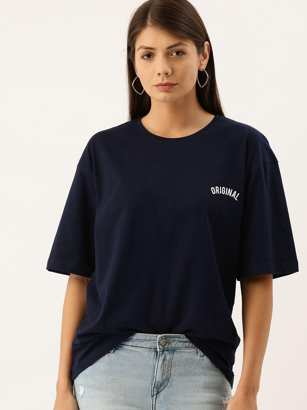 dillinger women navy blue  solid round neck oversized t-shirt with printed detail