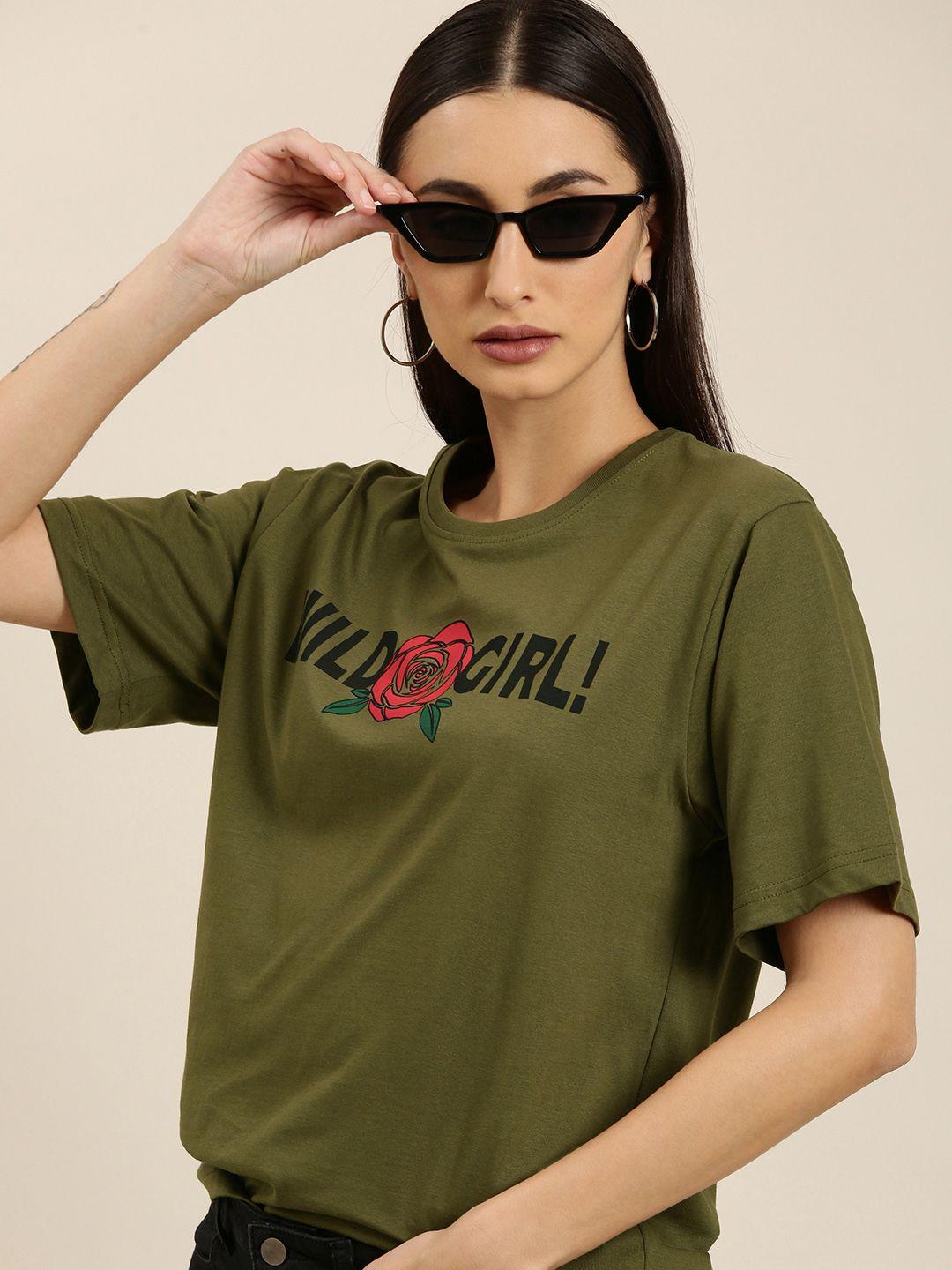 dillinger women olive green typography printed pure cotton loose t-shirt