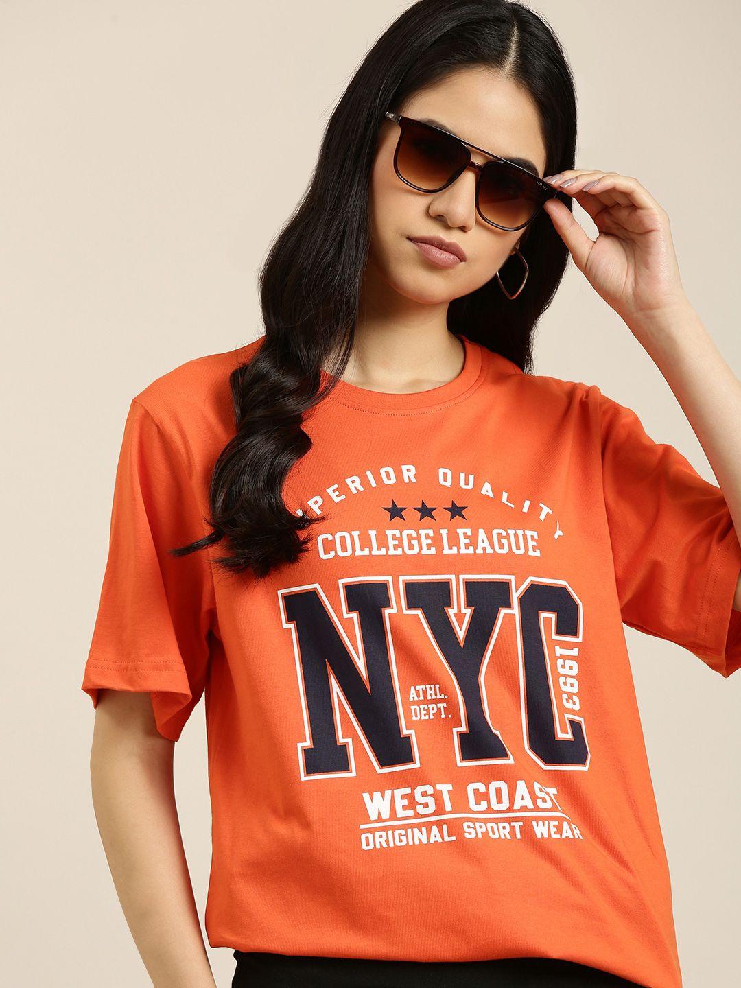 dillinger women orange & black pure cotton printed loose t-shirt