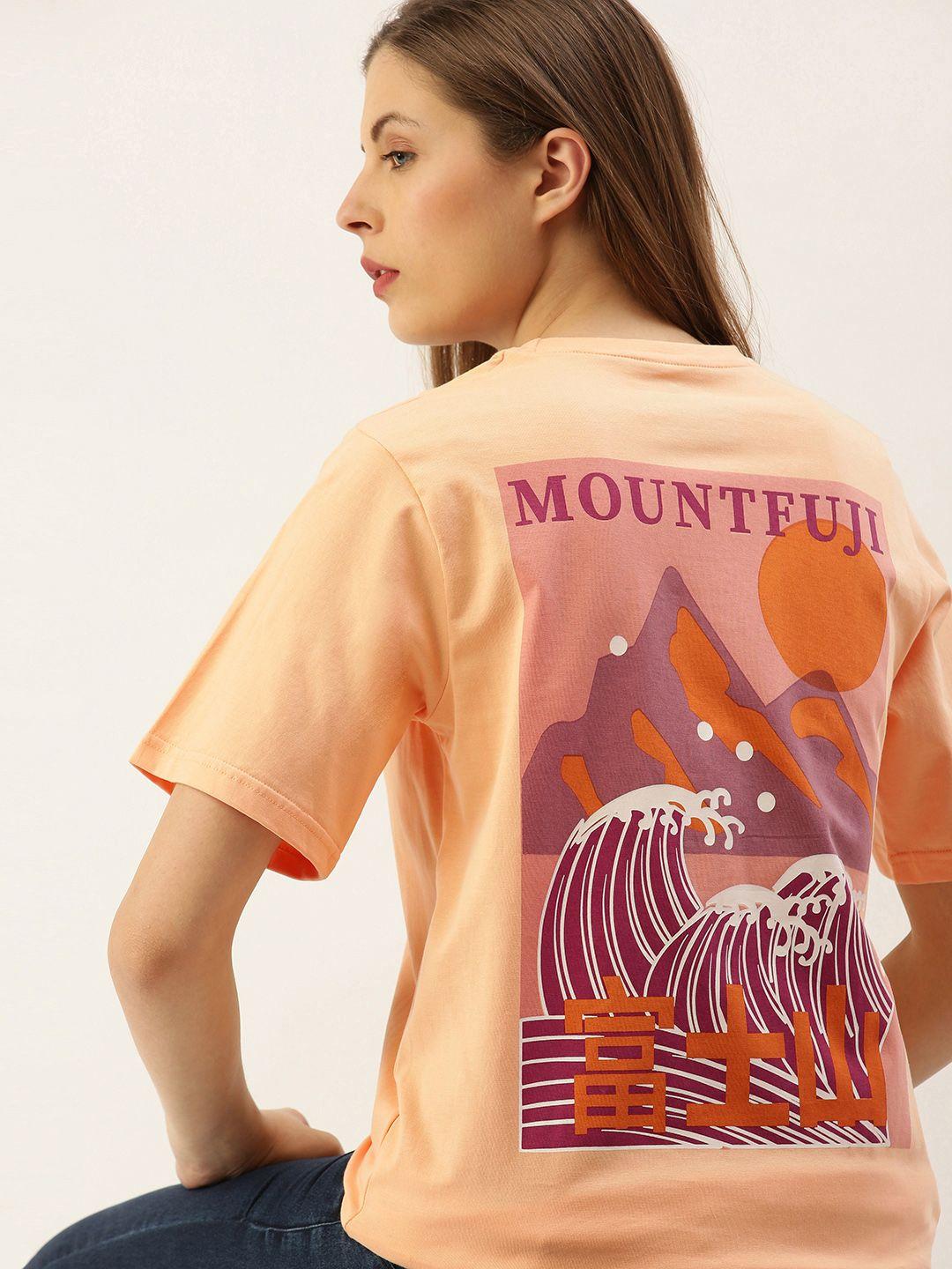 dillinger women peach-coloured printed round neck oversized t-shirt