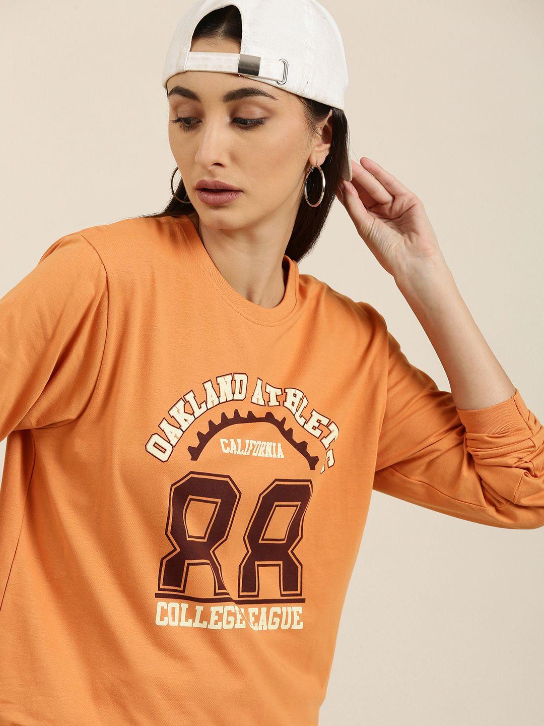 dillinger women peach-coloured varsity printed pure cotton loose t-shirt