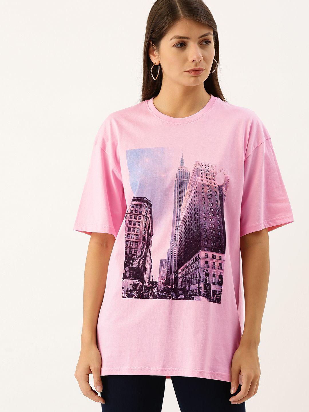 dillinger women pink printed loose round neck longline oversized pure cotton t-shirt