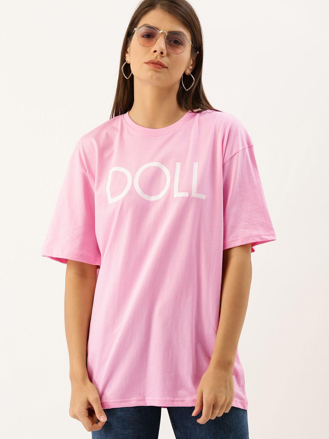 dillinger women pink printed oversized round neck longline oversized pure cotton t-shirt