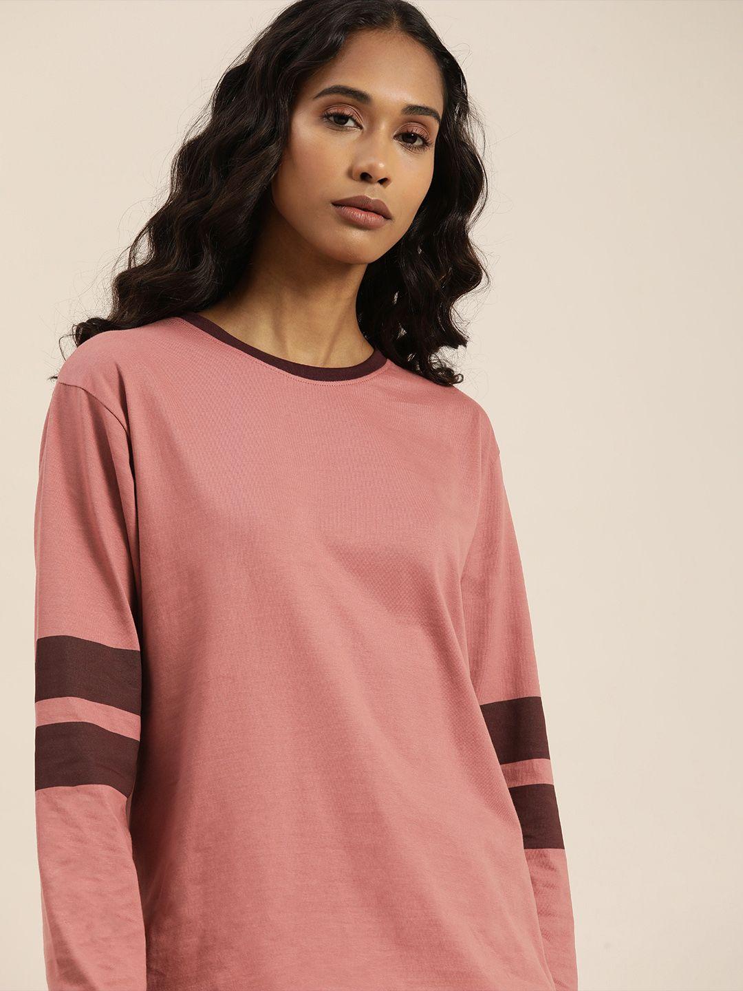 dillinger women pink solid round neck drop-shoulder sleeves cotton loose t-shirt