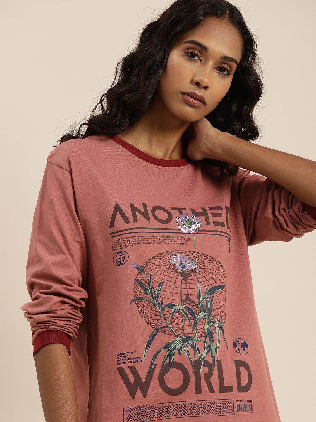dillinger women pink typography printed drop-shoulder sleeves applique cotton t-shirt