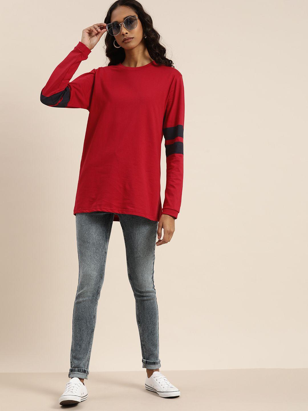 dillinger women red solid round neck drop-shoulder sleeves cotton loose t-shirt