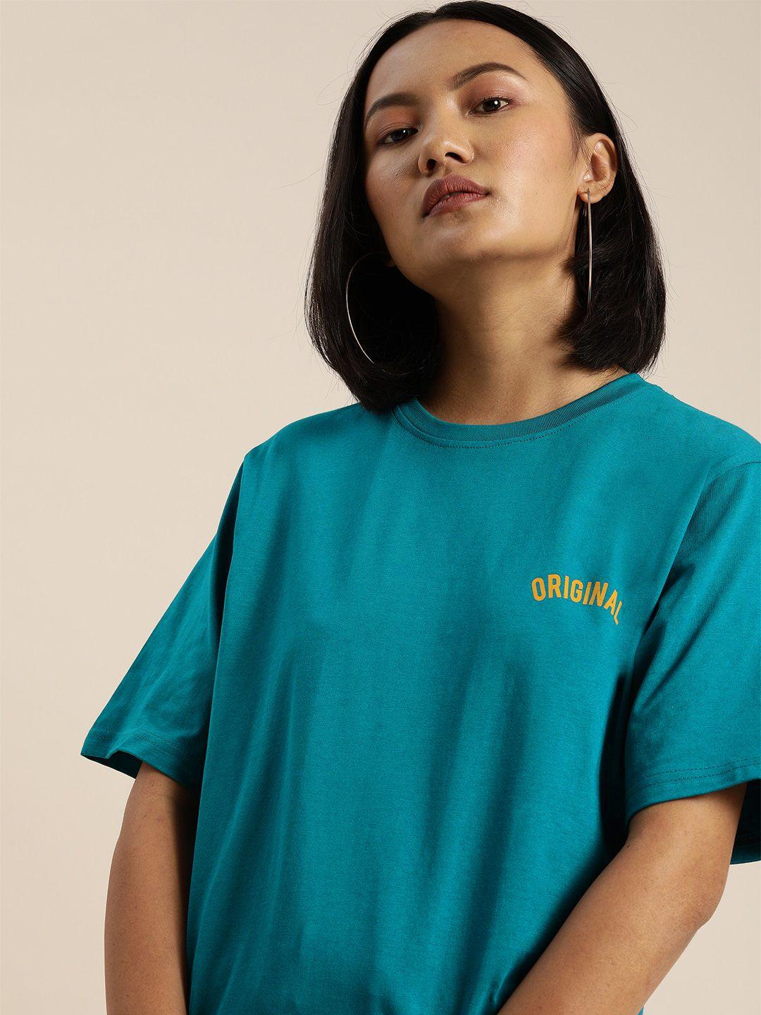 dillinger women teal blue  solid round neck longline oversized pure cotton t-shirt