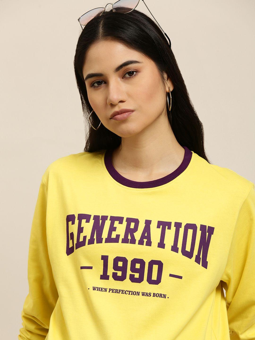 dillinger women yellow & purple typography printed loose t-shirt