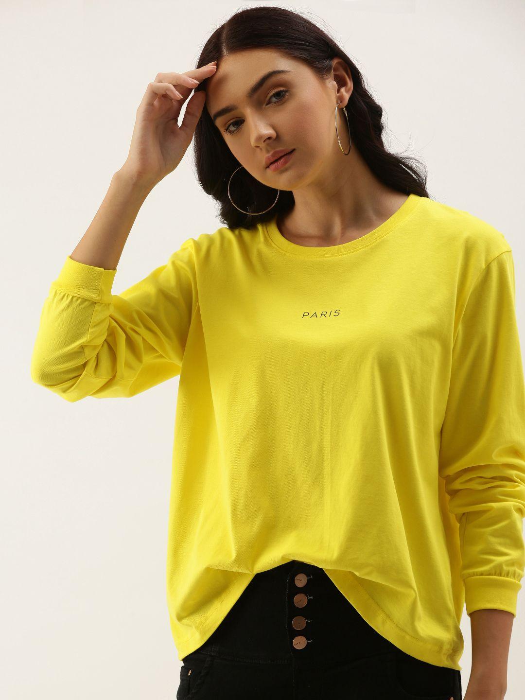 dillinger women yellow typographic printed round neck oversized boxy regular pure cotton t-shirt