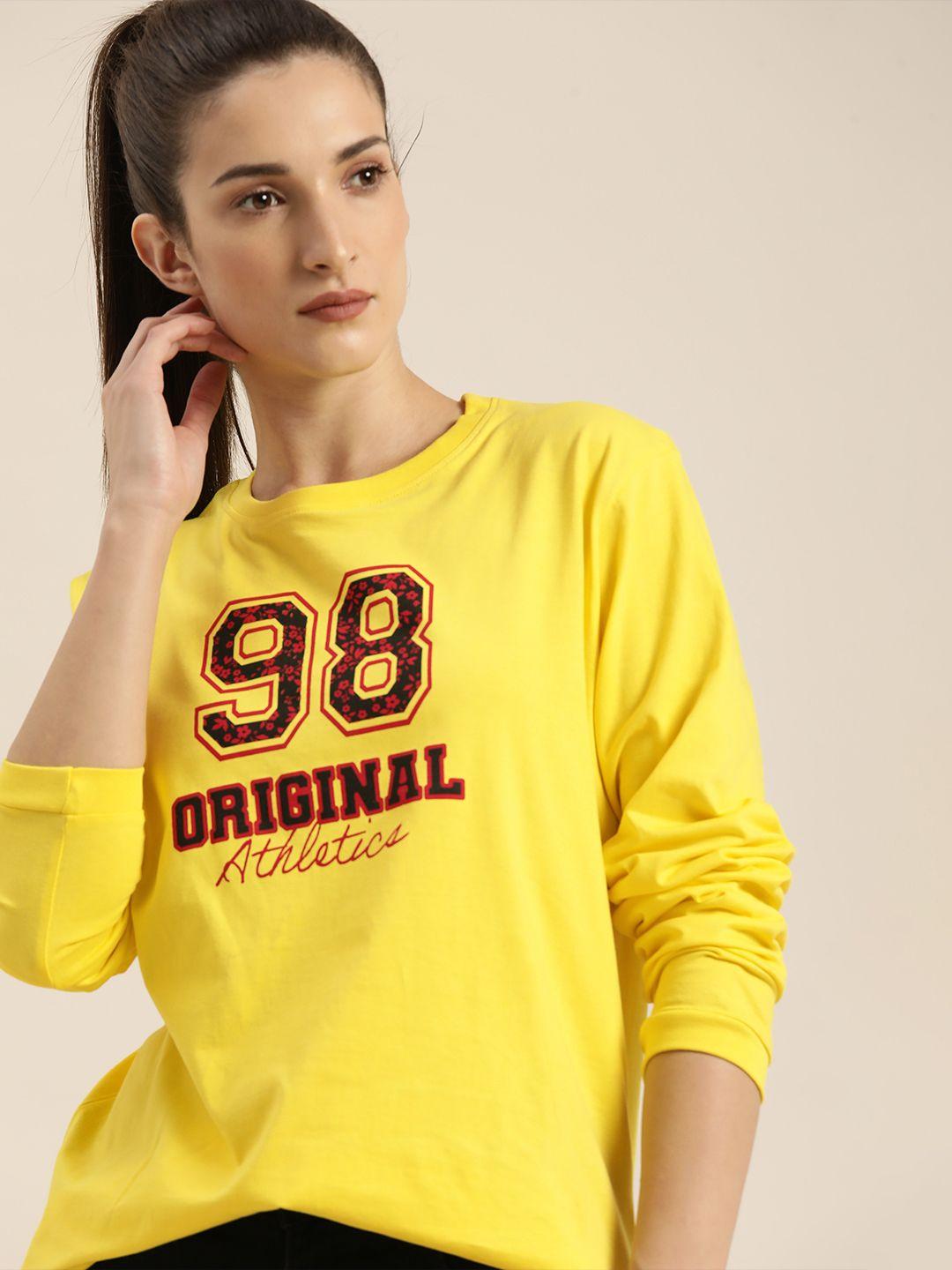 dillinger women yellow typography print drop-shoulder sleeves cotton applique loose tshirt