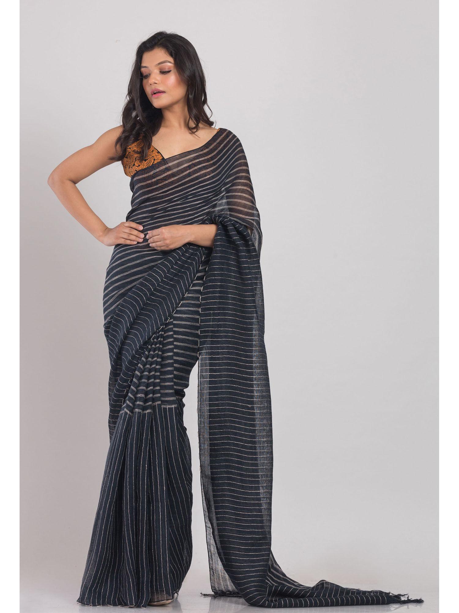 dim grey handloom linen saree with unstitched blouse