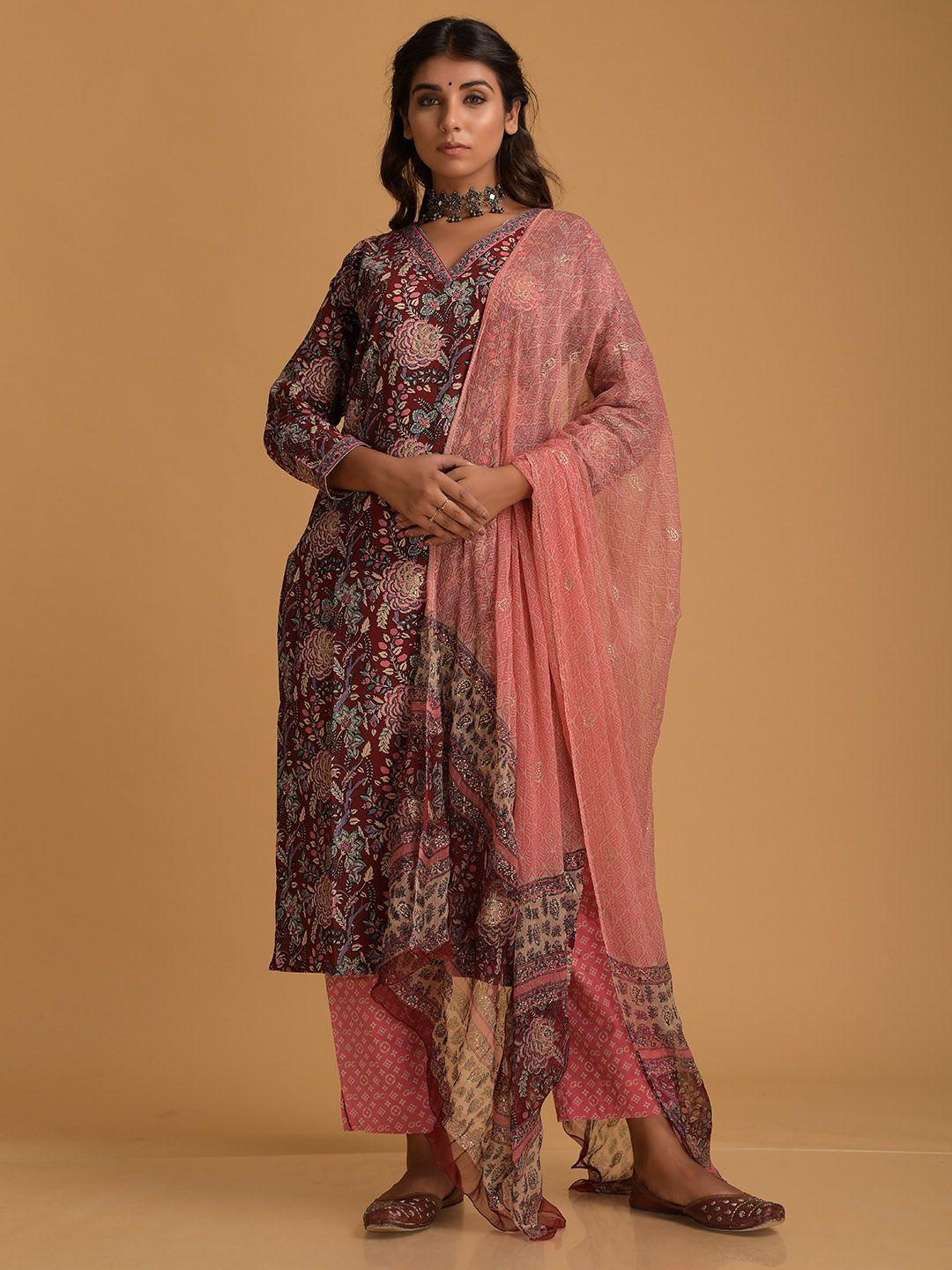 dimple design studio floral printed regular straight cotton kurta with trousers & dupatta