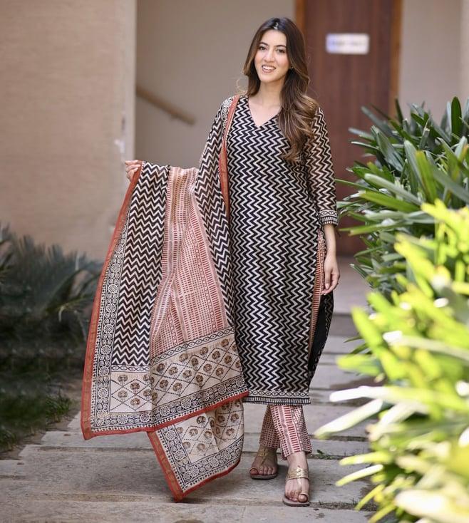 dimple design studio black striped chanderi kurta with pant and dupatta