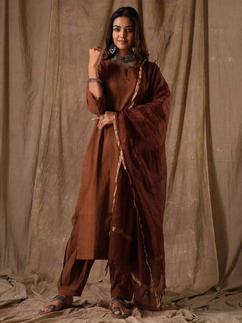 dimple design studio brown cotton kurta pant set with dupatta