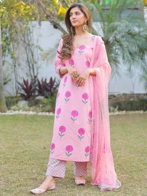 dimple design studio dusty pink cotton floral print kurta pant set with dupatta