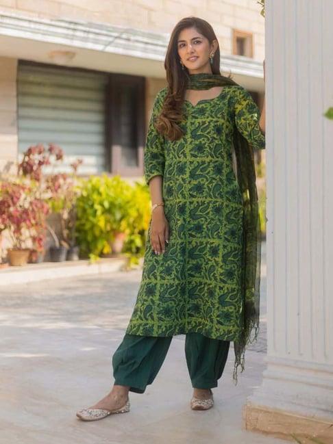 dimple design studio green cotton printed kurta pant set with dupatta