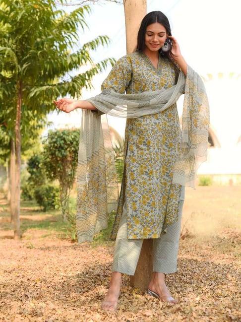 dimple design studio grey cotton floral print kurta pant set with dupatta