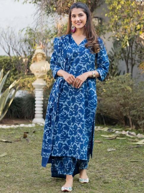 dimple design studio indigo blue cotton floral print kurta pant set